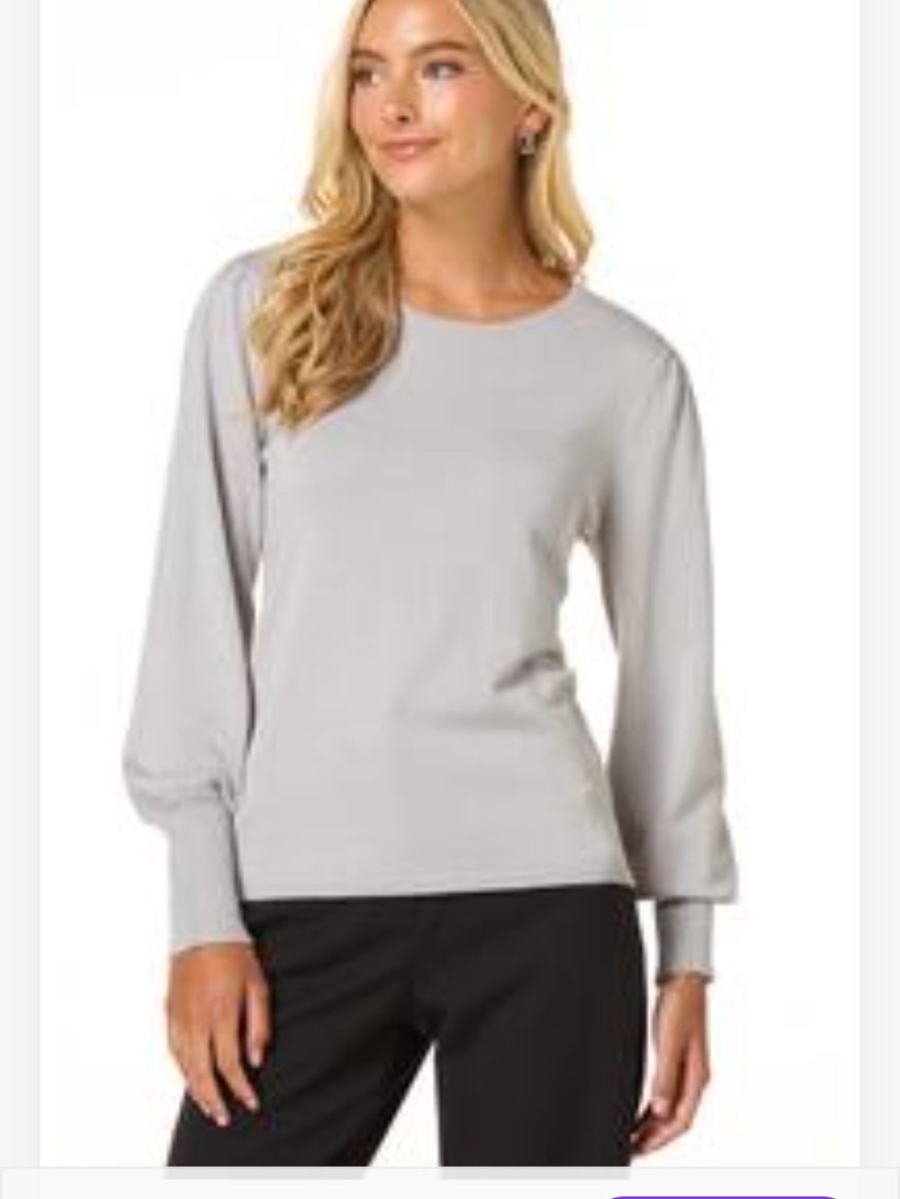 Cato Light Gray Crewneck Sweater with Balloon Sleeves